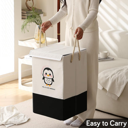 Foldable Laundry Basket for Clothes with Lid, Black - Penguin