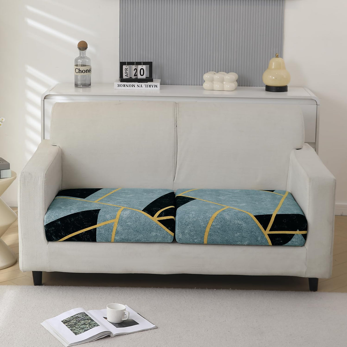 140 GSM Stretchable Printed Elastic Sofa Cushion Seat Cover for 1 /2 /3 Seaters / Pieces for Sofa, Multicolor Abstract Geometry