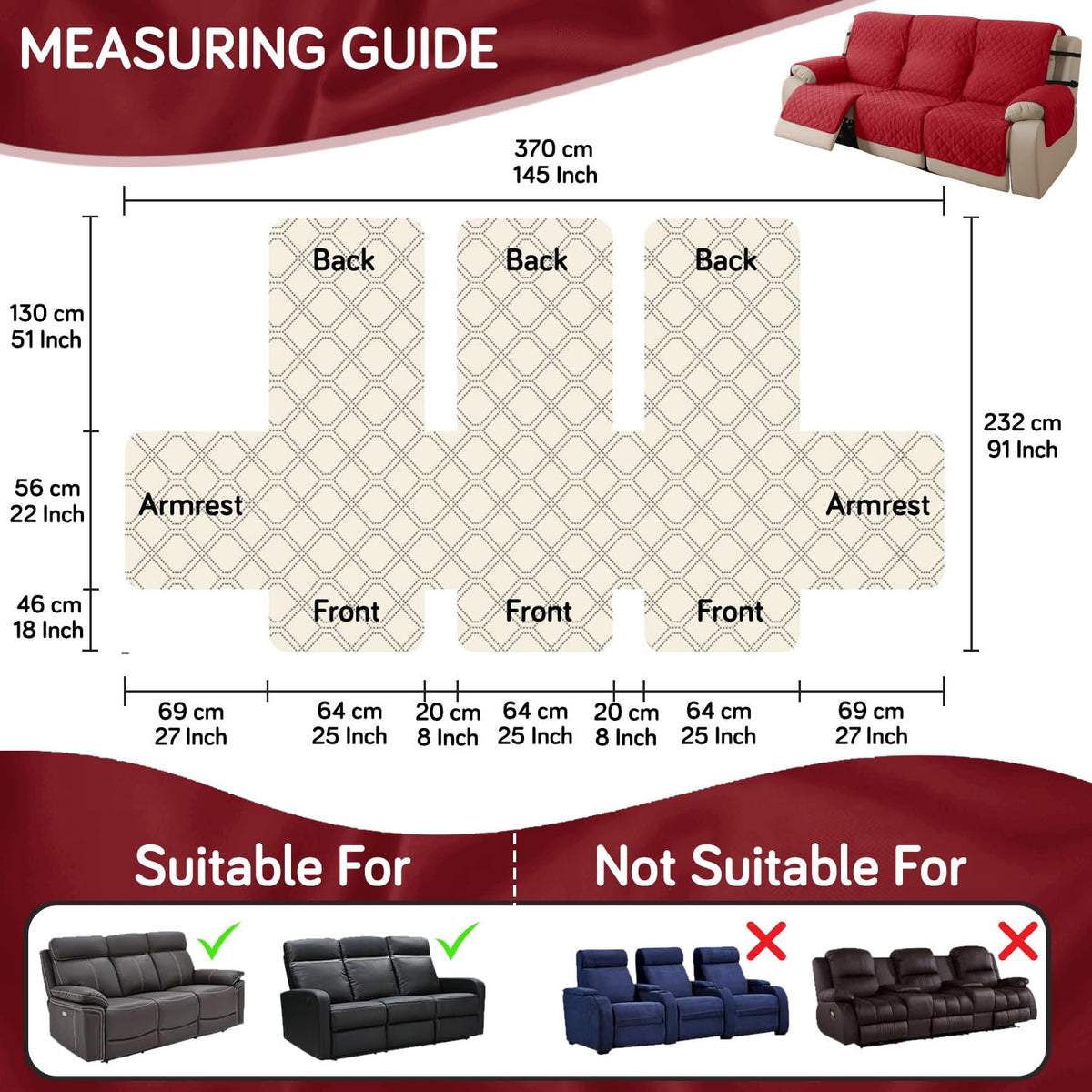 UrbanQuilt Recliner Sofa Slipcover Mat with Dual Belt for 1/2/3 Seater - Scarlet Red