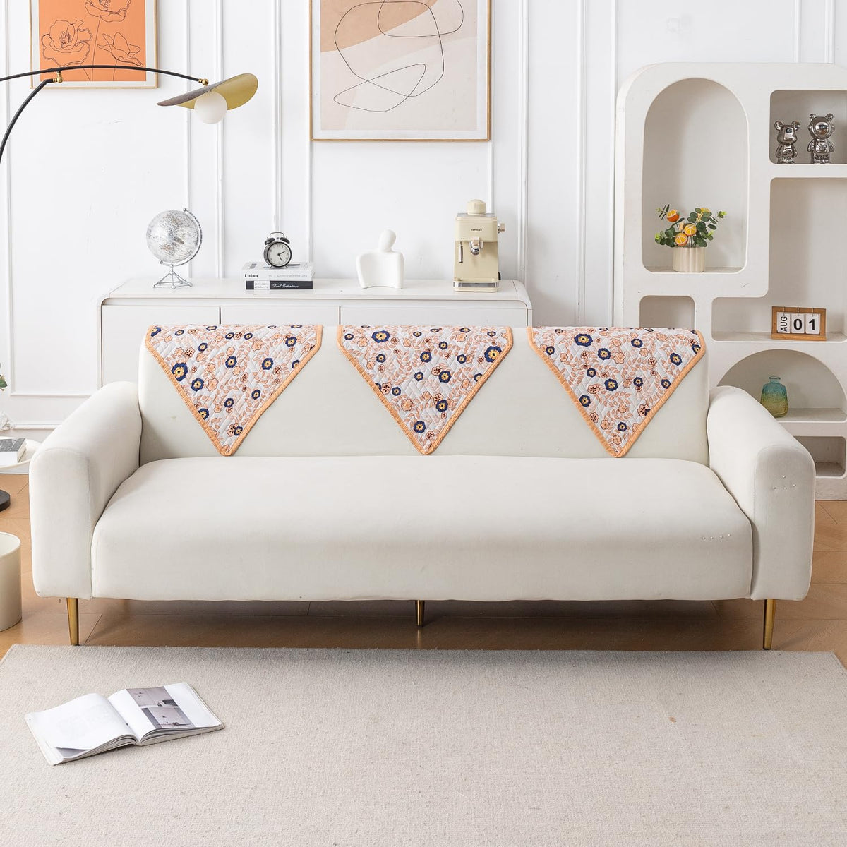 'Homehues' Printed Quilted Sofa Cover Mats,Light Peach Candytuft