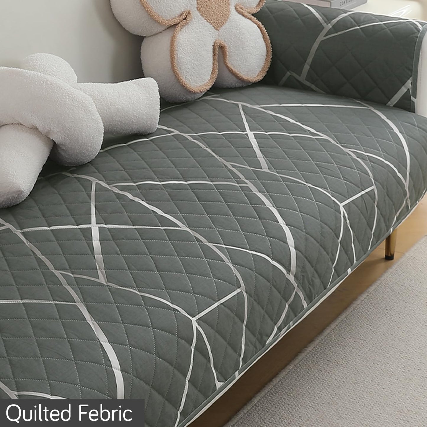 HOKIPO Quilted Waterproof Sofa Seat Mat with 2 Armrest Covers with Pockets, Abstract Geometric Shadow Grey