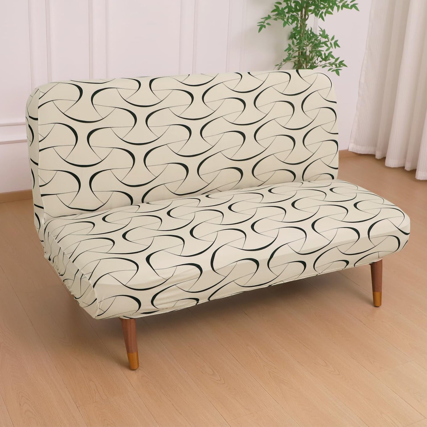 Elira Series Stretchable Elastic  Armless Sofa Cover – 140 GSM, Futon Slipcover, Easy Fit, Natural Beige Abstract Art