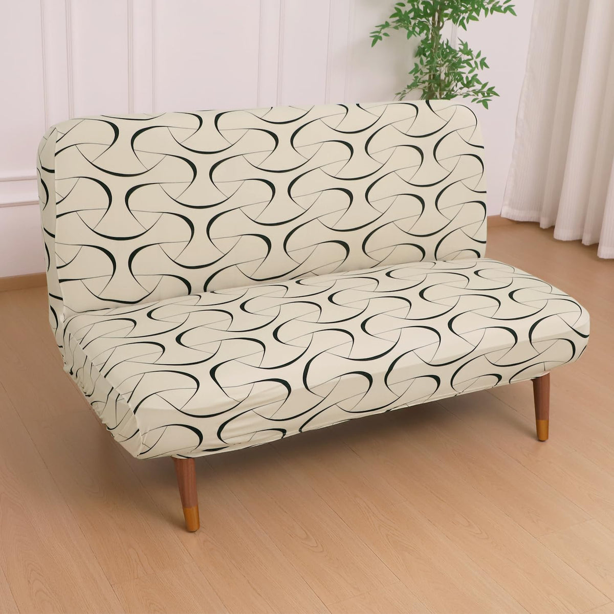 Buy Natural Beige Abstract Art Printed Stretchable Armless Sofa Cover - HOKIPO