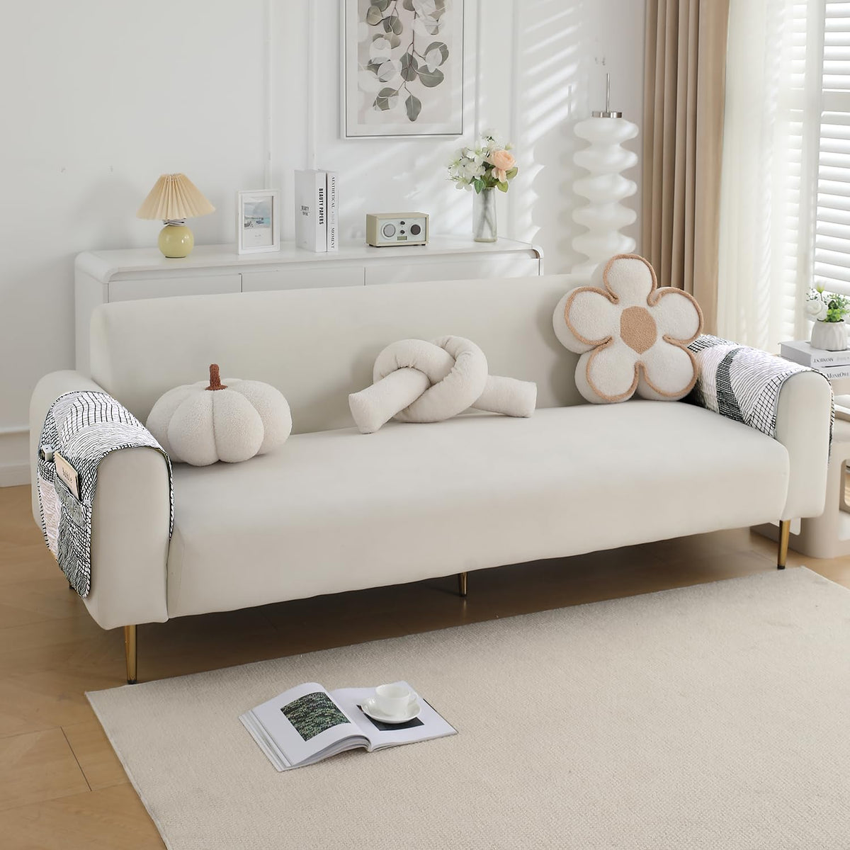 Water Repellent + Waterproof Quilted Sofa Mats, Snow White Black Geometry