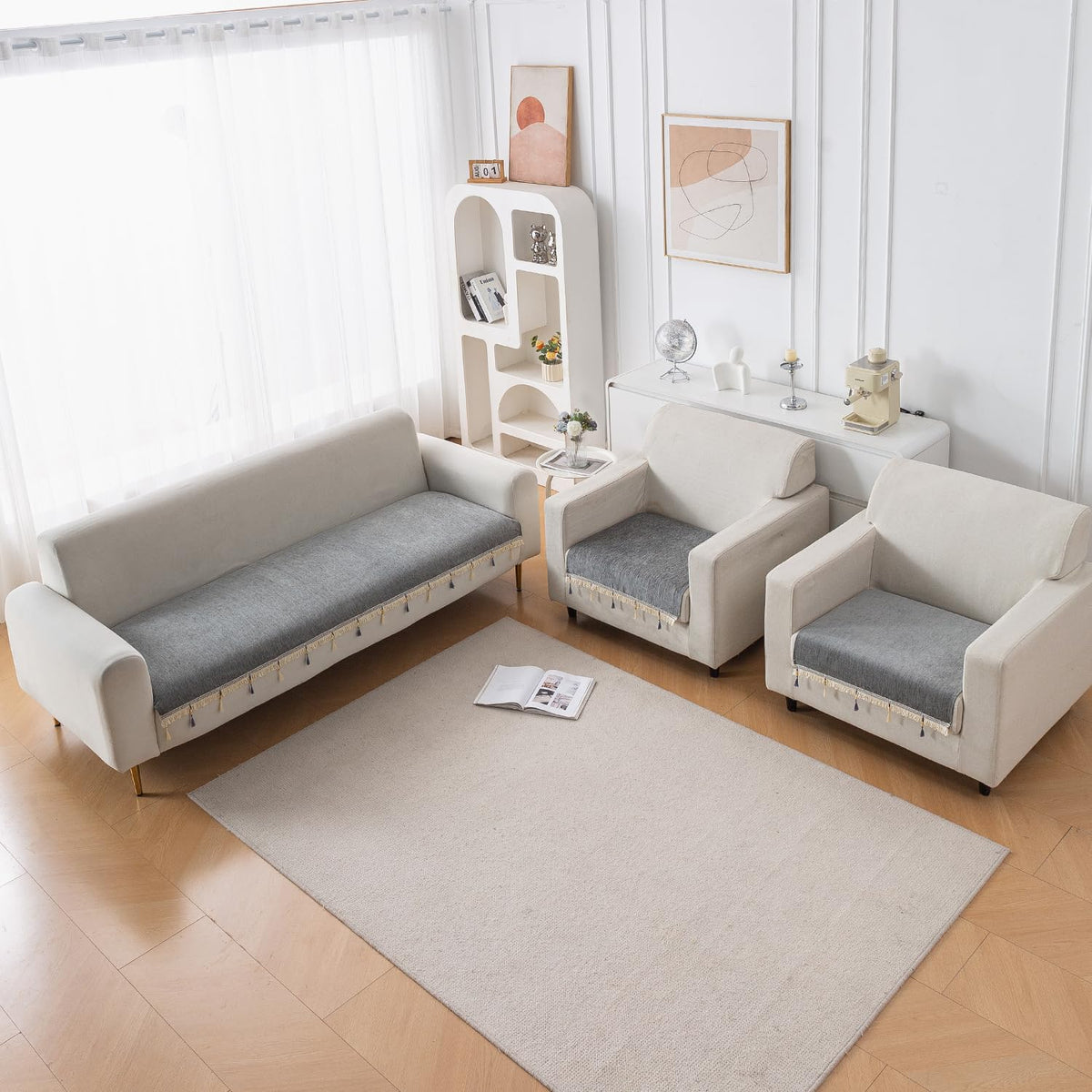 Serenity Tassel Chenille Sofa Cover with Tassel – Glacier Silver