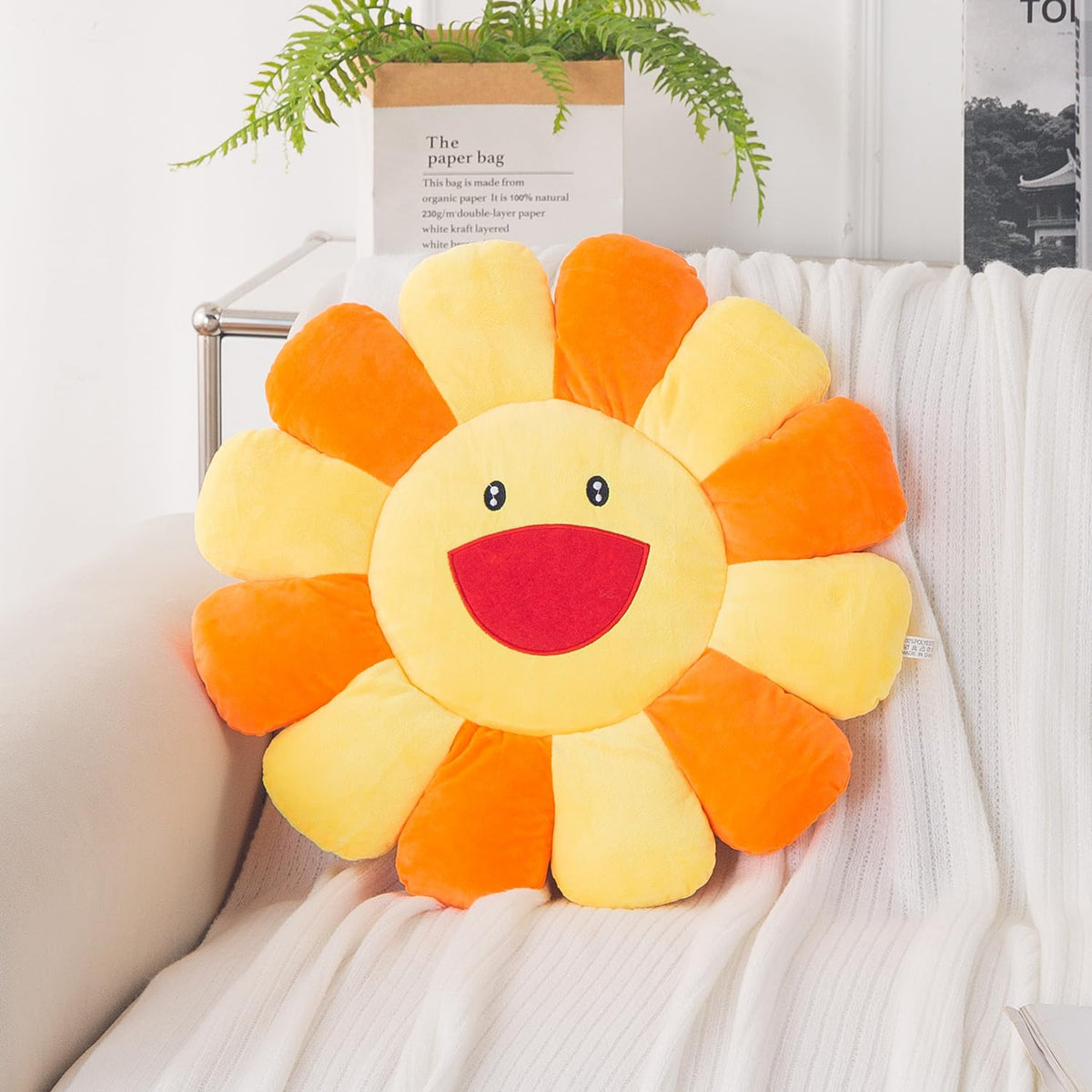 HOKIPO Smiley Sunflower Cushion for Sofa & Bed, 45 cm, Orange