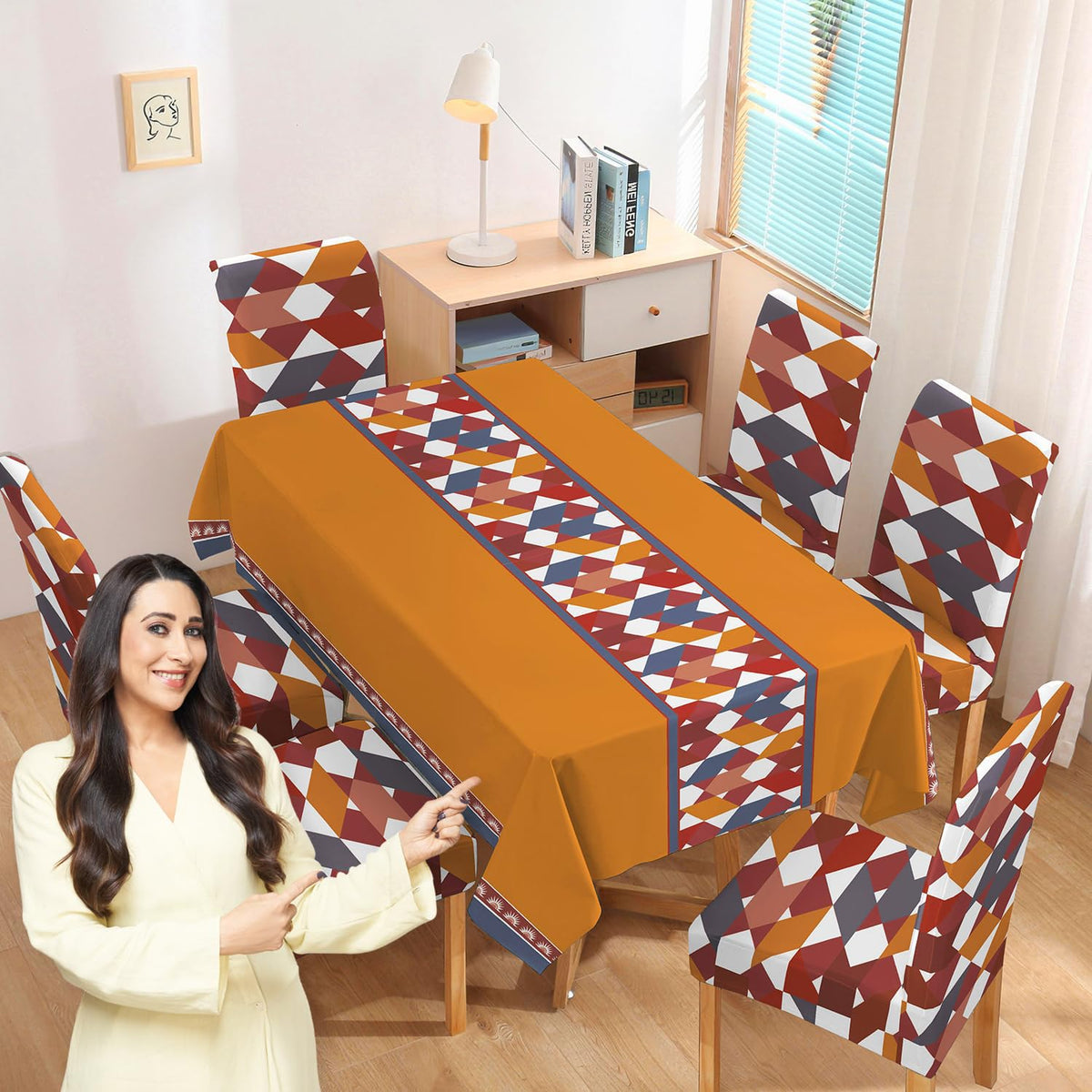 Polyester Dining Chair Covers Set of 4/6 with Matching Tablecloth, Parallelogram Ochre Brown
