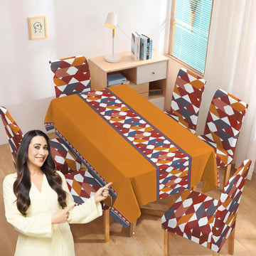 Polyester Dining Chair Covers Set of 4/6 with Matching Tablecloth, Parallelogram Ochre Brown