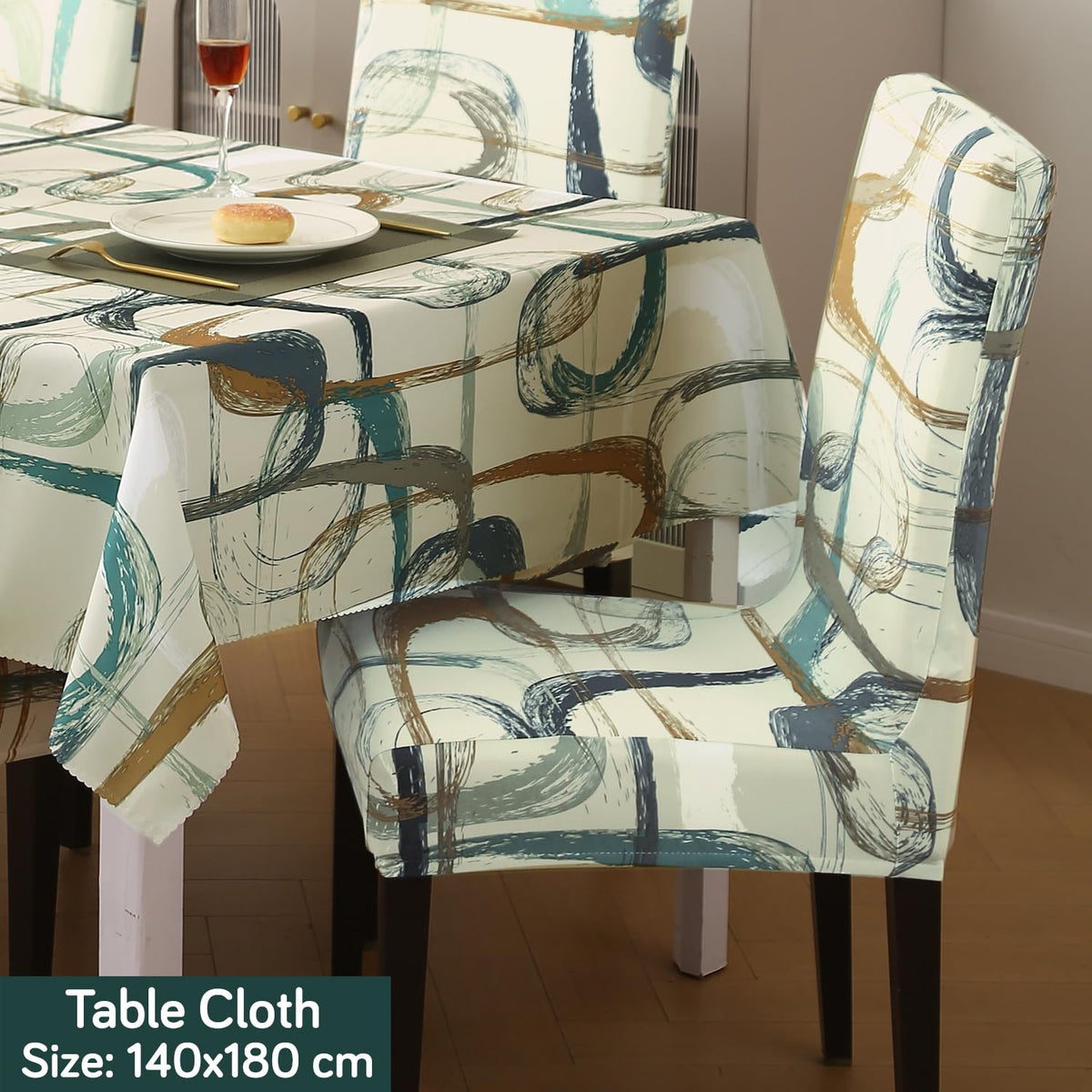 Elastic Dining Chair Covers with Matching Tablecloth, Parchement Beige Abstract Art