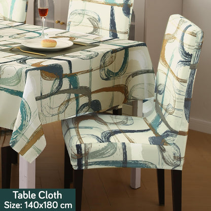 Elastic Dining Chair Covers with Matching Tablecloth, Parchement Beige Abstract Art