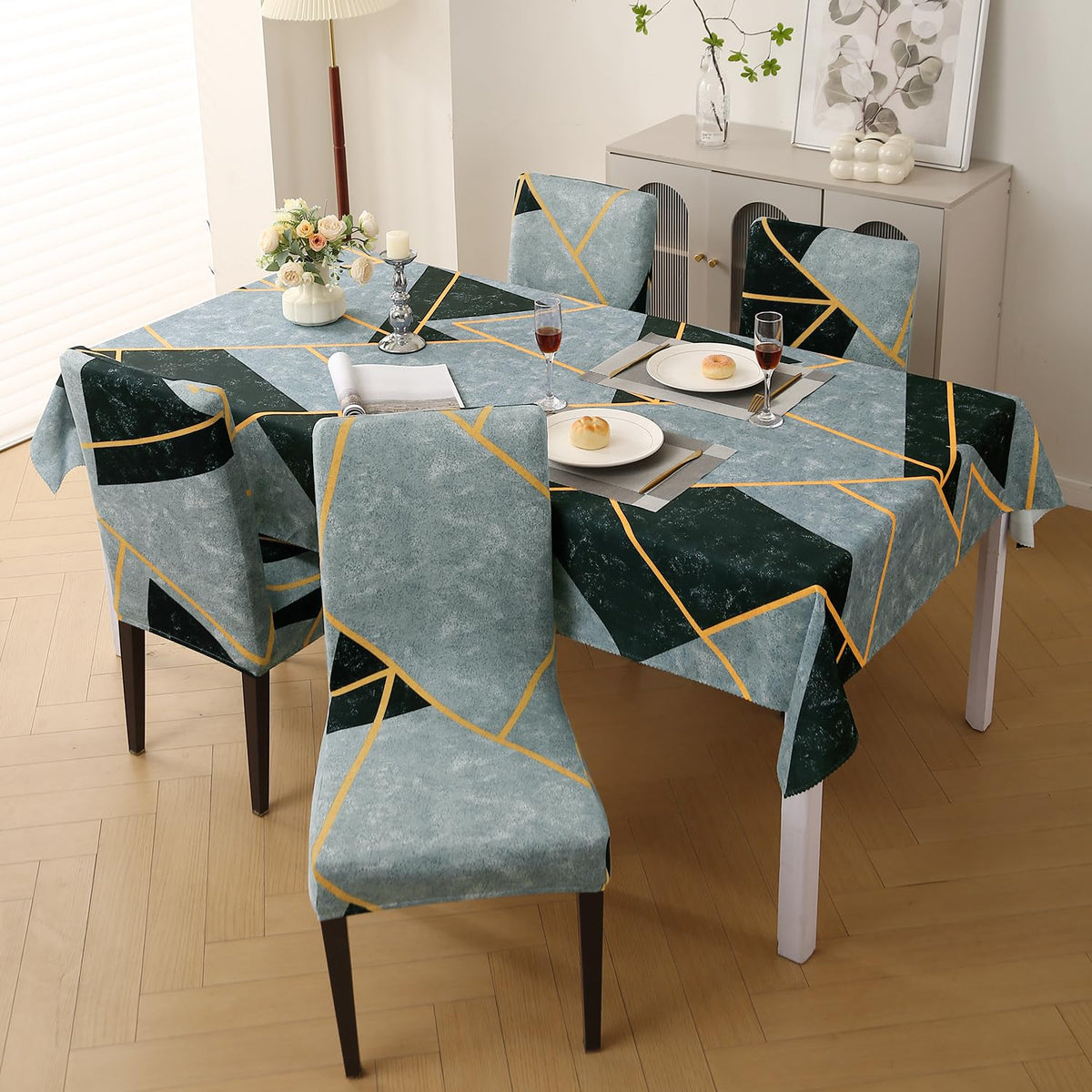 Elastic Dining Chair Covers with Matching Tablecloth, Multicolor Abstract Geometry