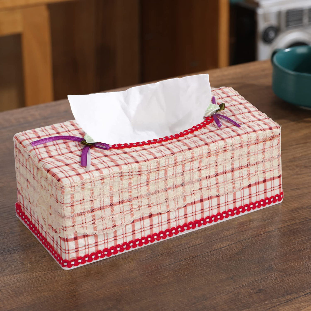 Plastic Tissue Paper Box Holder, Check Red