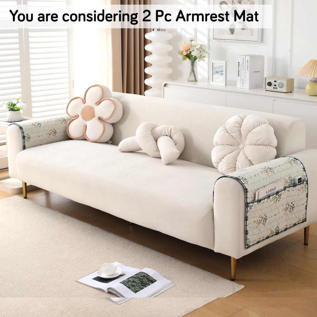 'Homehues' Printed Quilted Sofa Cover Mats, Light Green Ash Gypsy Flower
