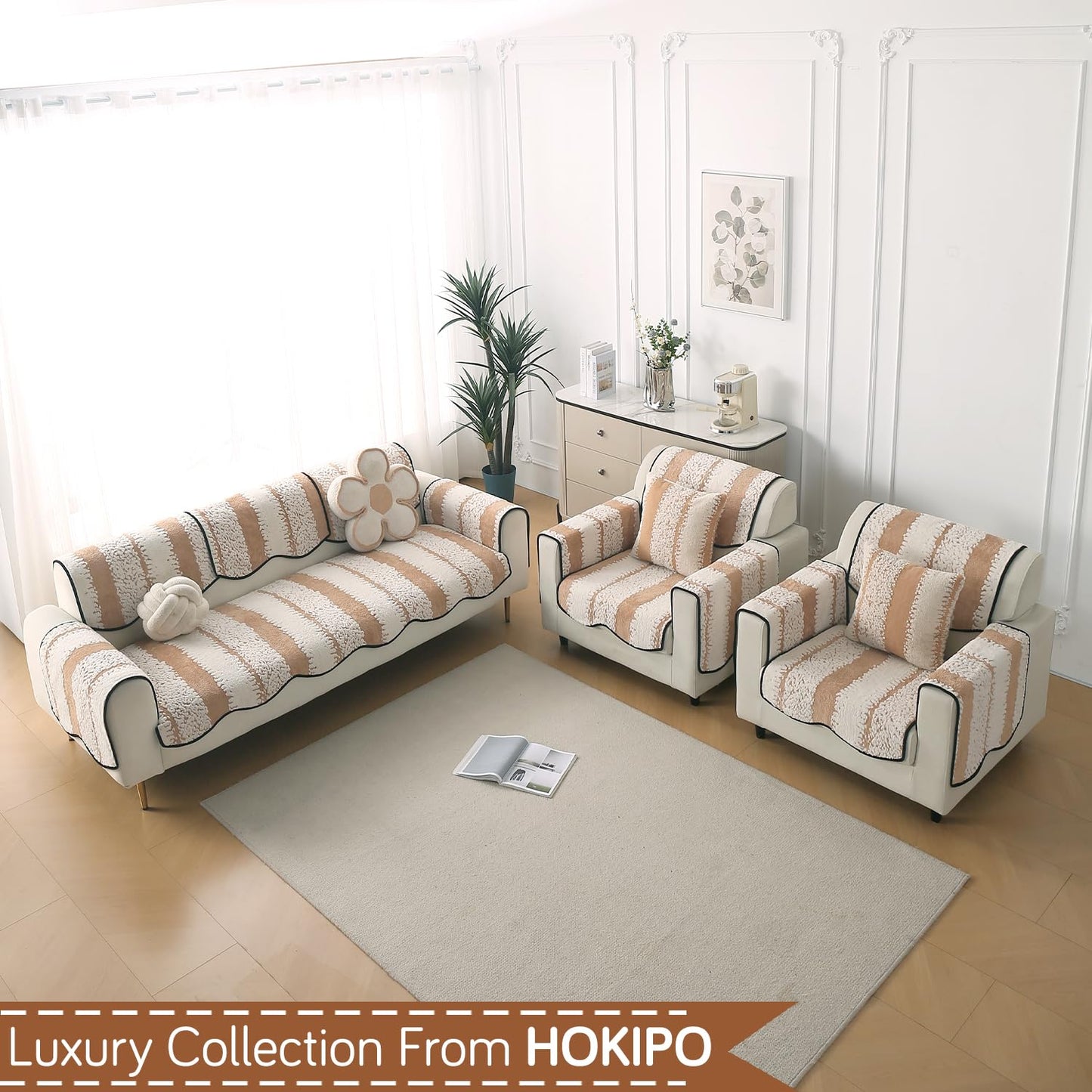Luxury Wavy Anti Slip Plush Sofa Cover Mat, Desert Brown