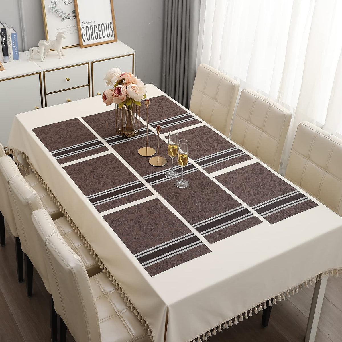 PVC Dining Table Mats, Damask Brown