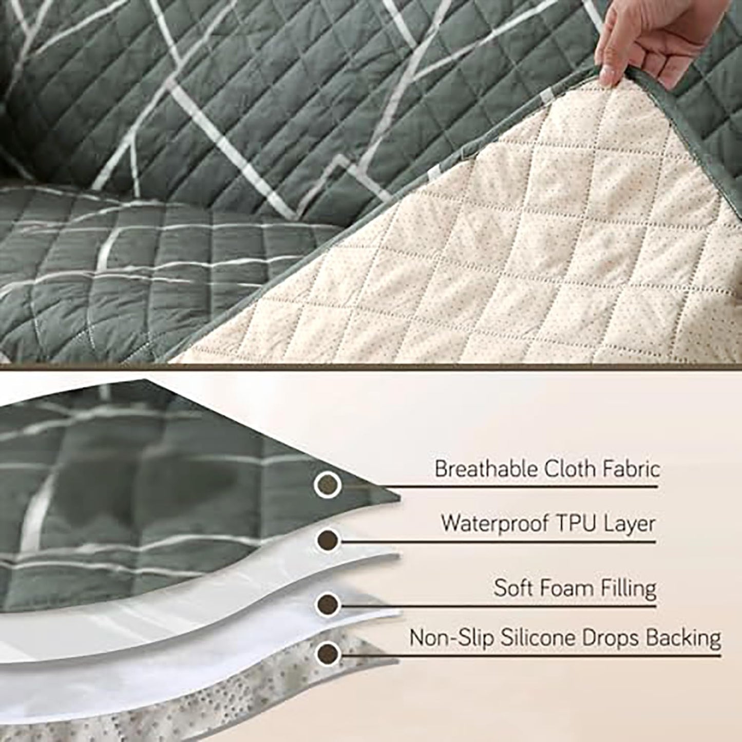Quilted Waterproof Sofa Cover Mat with Pockets on Armrest Cover - Abstract Geometric Shadow Grey