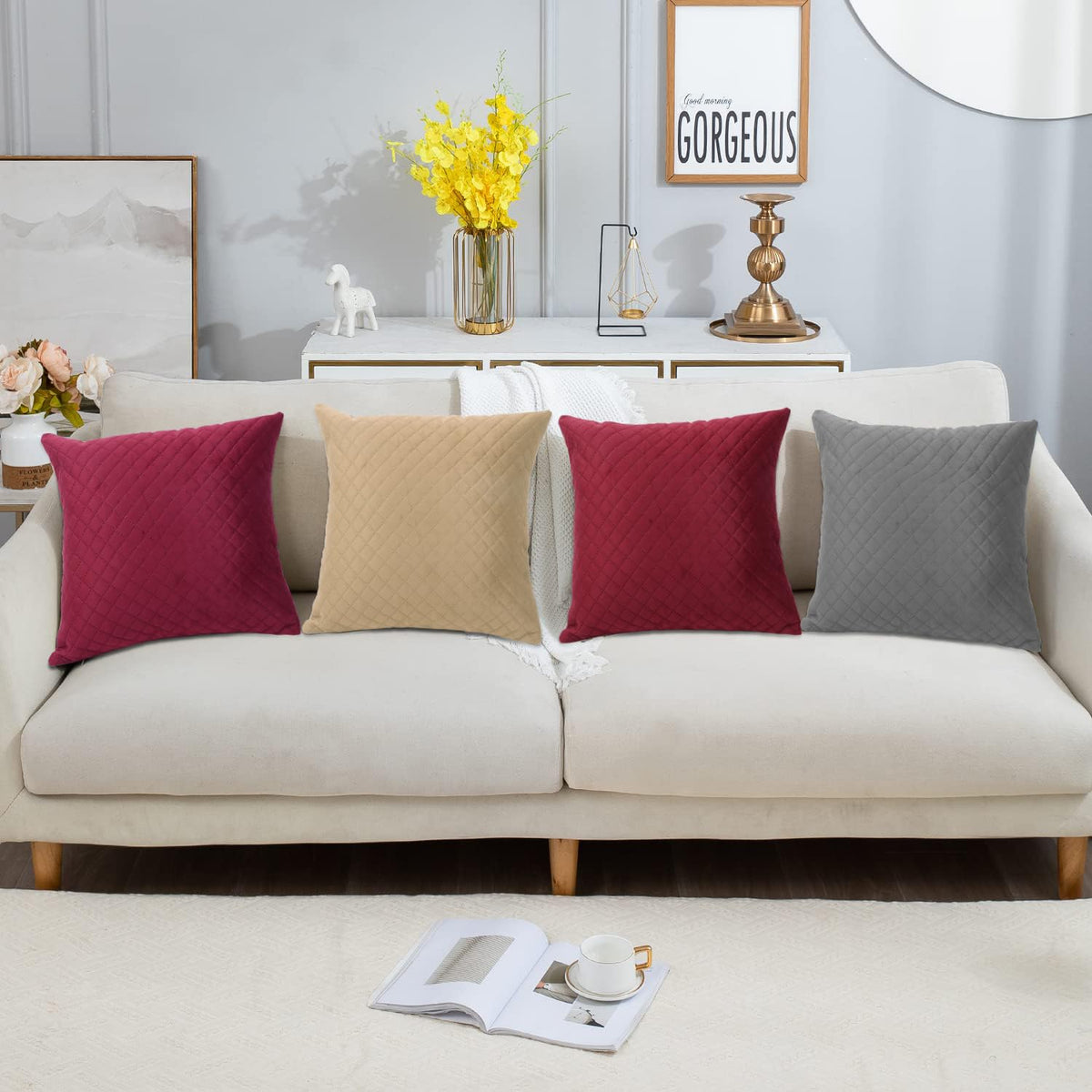 Buy Wine Colour Quilted Velvet Sofa Pillow Covers