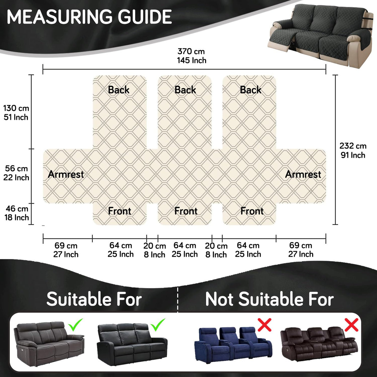 UrbanQuilt Recliner Sofa Slipcover Mat with Dual Belt for 1/2/3 Seater - Anchor Grey
