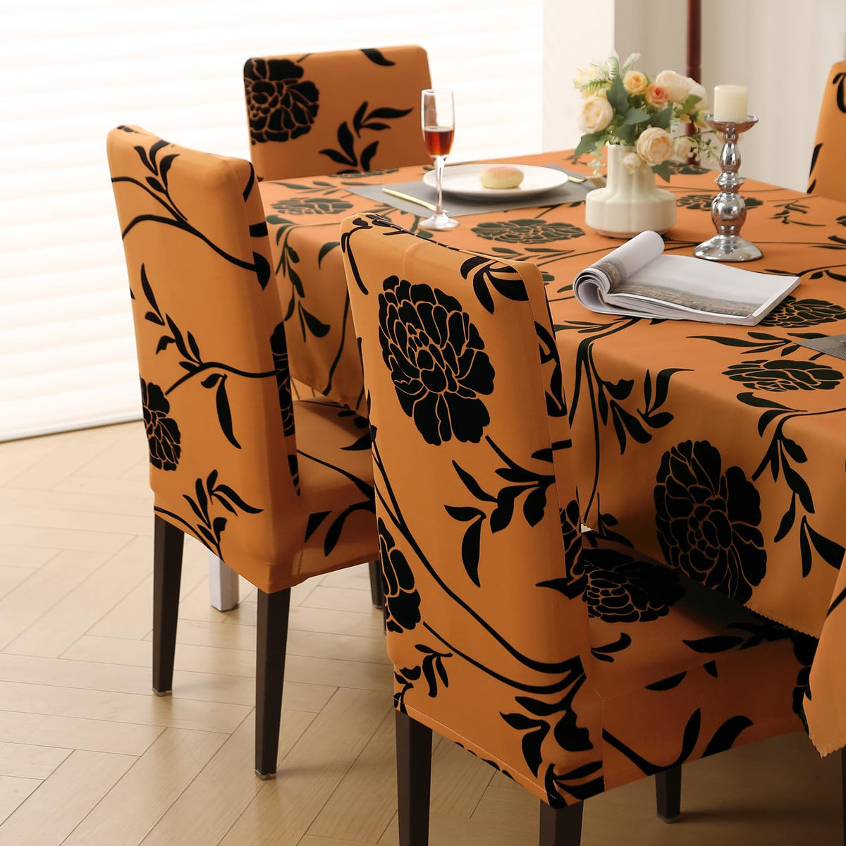 Elastic Dining Chair Covers with Matching Tablecloth, Copper Brown Floral