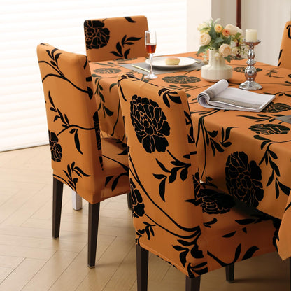 Elastic Dining Chair Covers with Matching Tablecloth, Copper Brown Floral