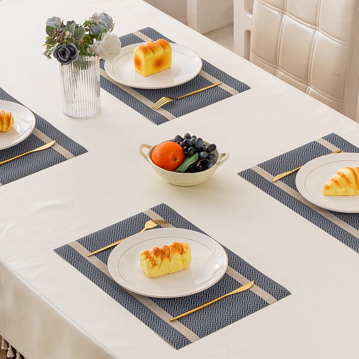 Chevron Stripes PVC Mats for Dining Table - Charcoal Blue