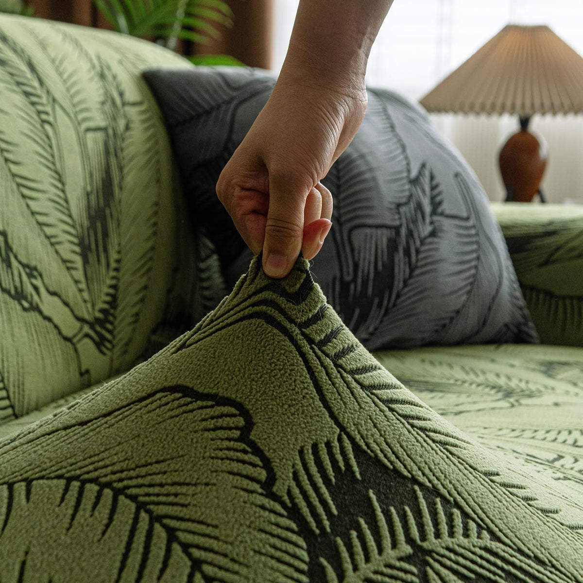 Buy olive green colour elastic dual tone series knitting jacquard sofa cover​s