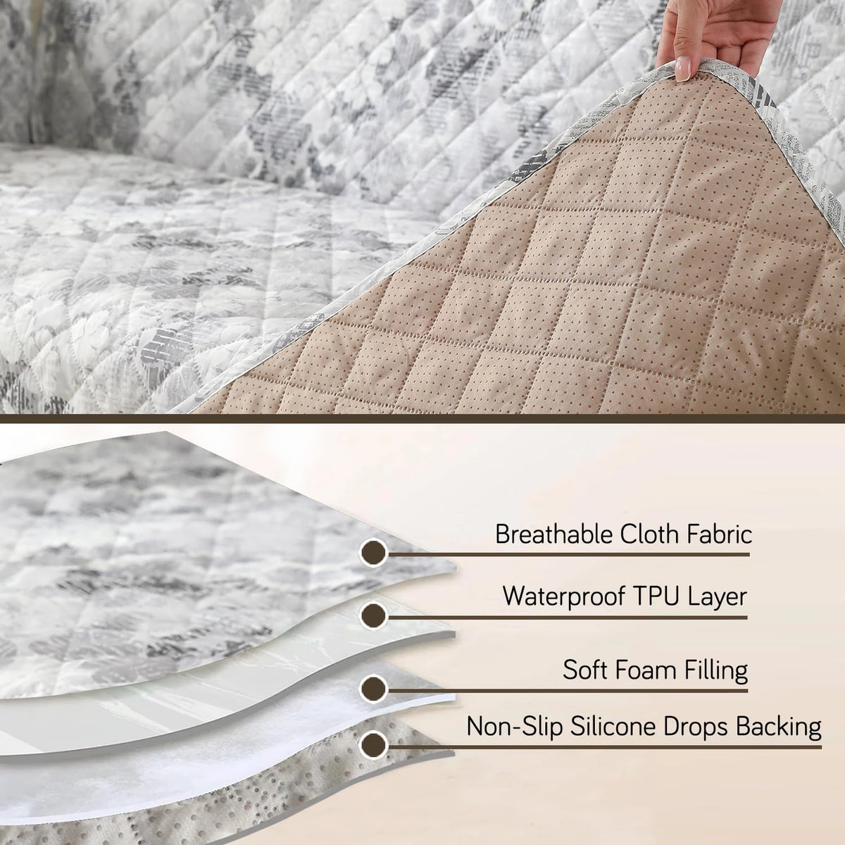 Features Abstract Pale Grey print Quilted Waterproof Sofa Cover | Hokipo