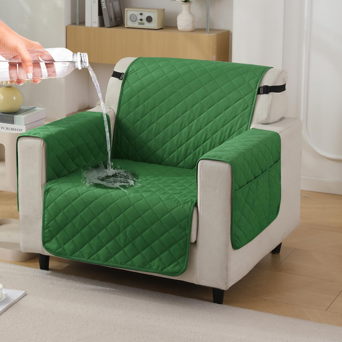 Green colour 1 seater quilted waterproof sofa cover | Hokipo