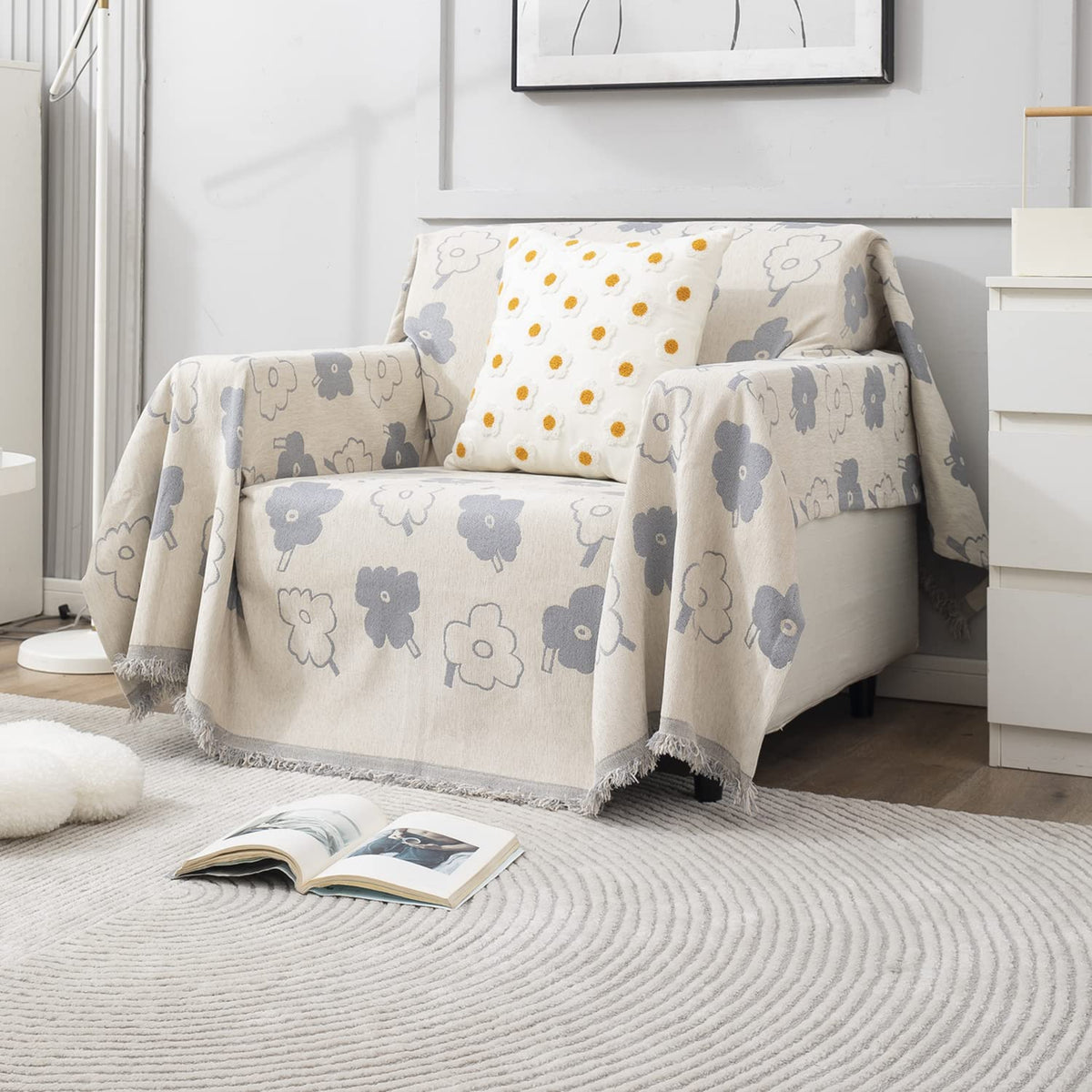 1 Seater elegant off white floral print colour chenille sofa throw of size 180(D)x180(L) 

