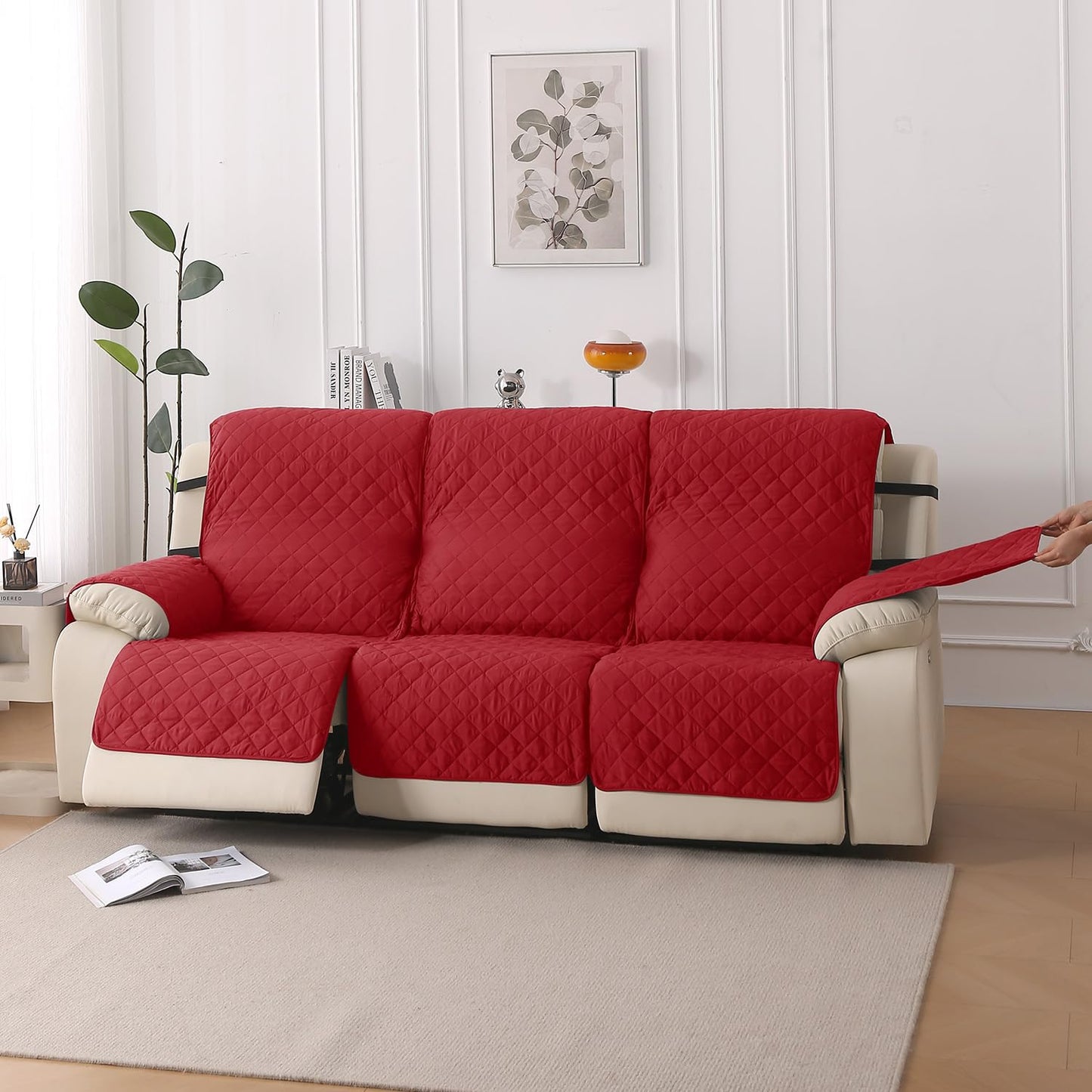 UrbanQuilt Recliner Sofa Slipcover Mat with Dual Belt for 1/2/3 Seater - Scarlet Red