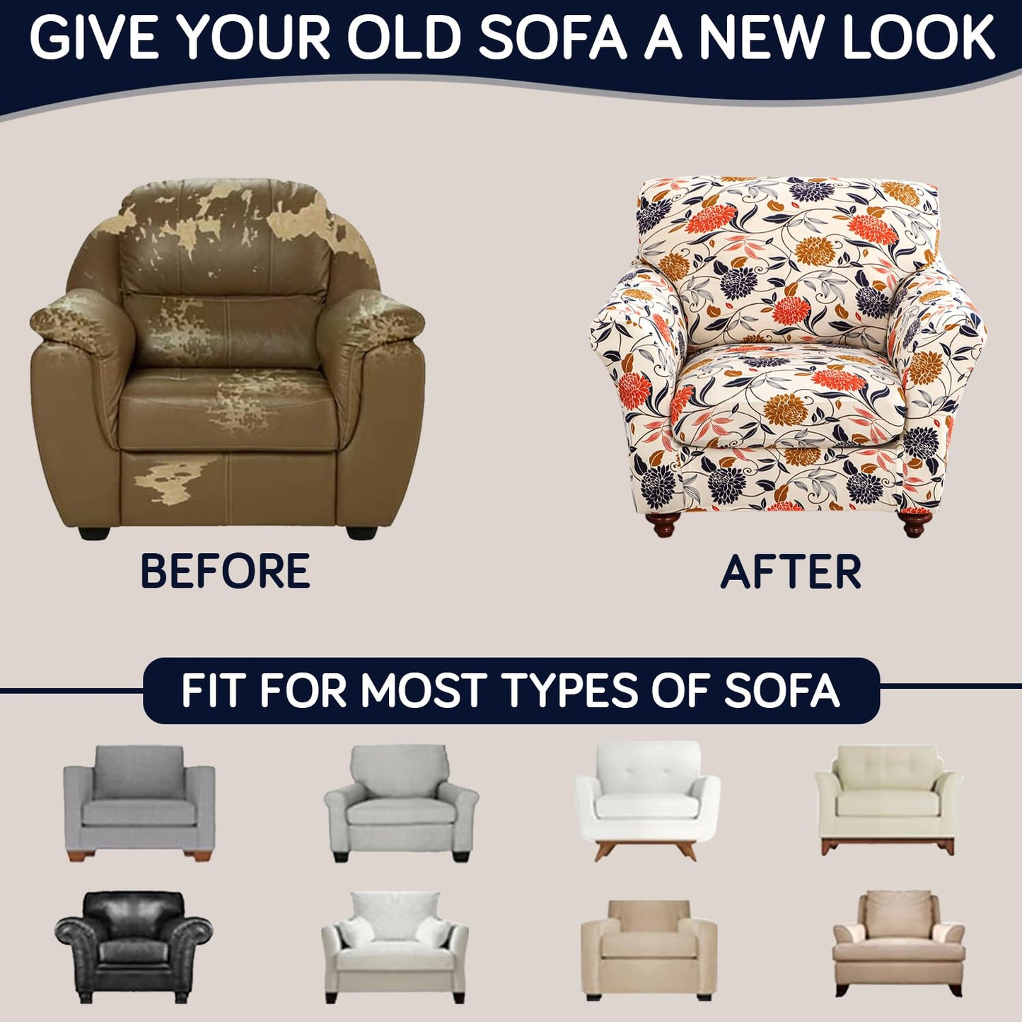 Printed Stretchable Sofa Slipcover with 1/2/3 Pc Separate Seat Cushion Cover for each 1/2/3 Seater, Sunset Botanical Bloom