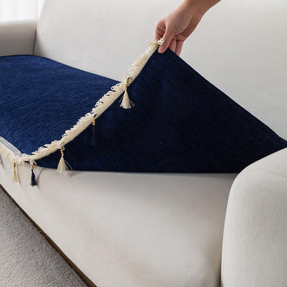 Serenity Tassel Chenille Sofa Cover with Tassel – Sapphire Navy