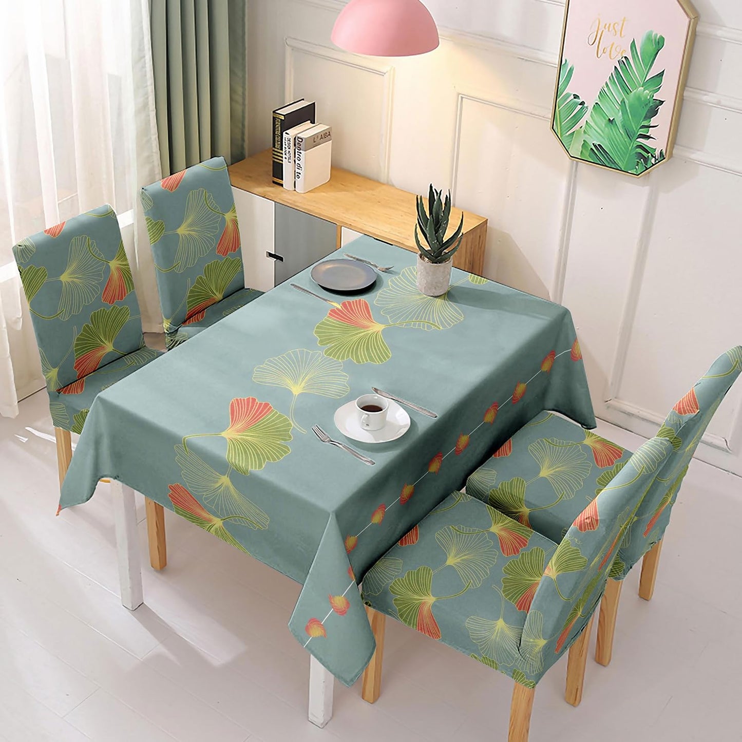 Polyester Dining Chair Covers Set of 4/6 with Matching Tablecloth, Ginkgo Blue Storm