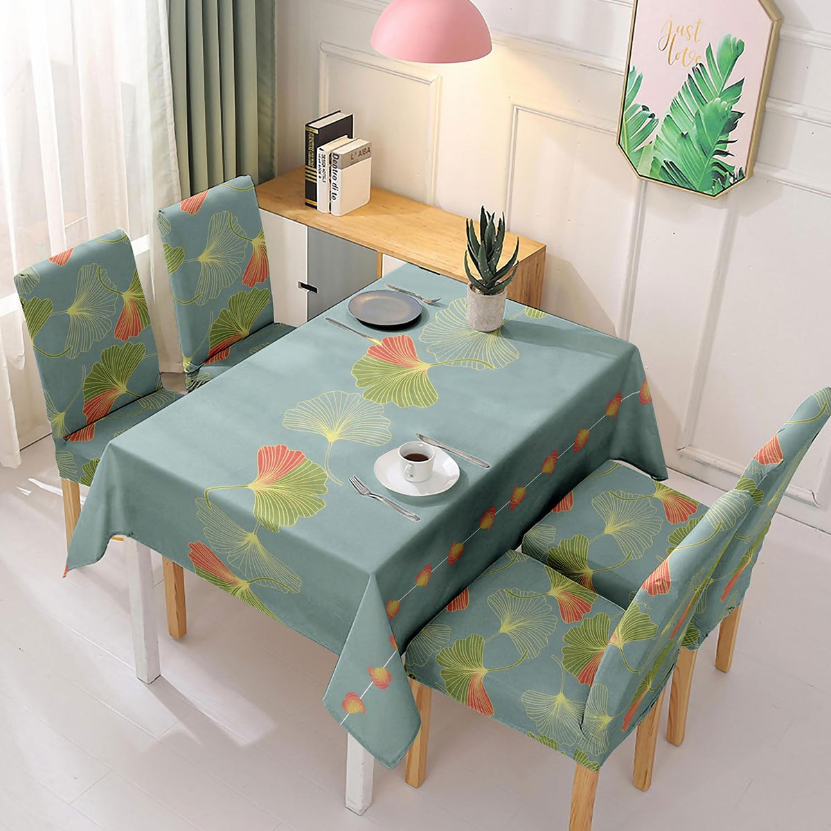 Polyester Dining Chair Covers Set of 4/6 with Matching Tablecloth, Ginkgo Blue Storm