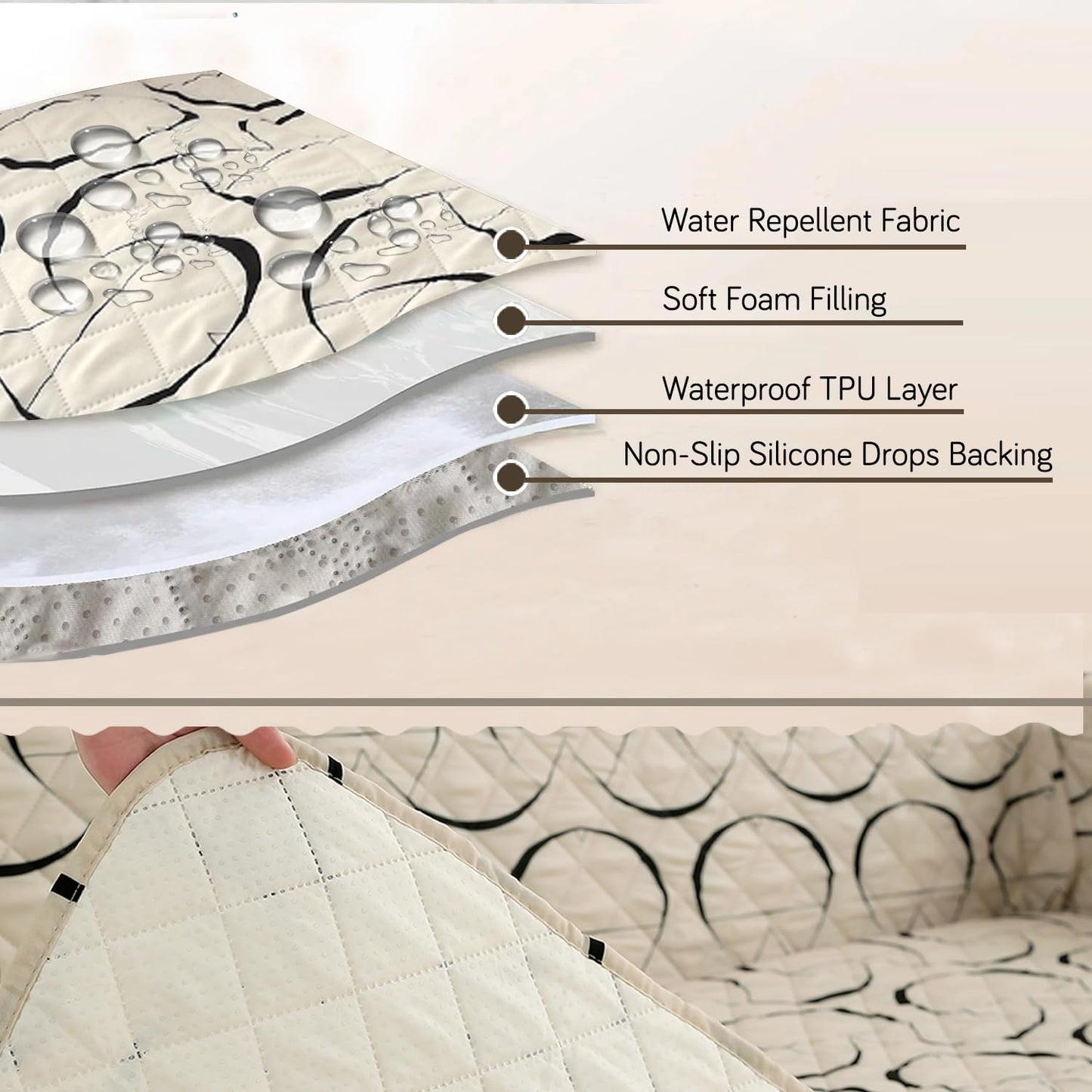 Quilted Recliner Water Repellent & Waterproof Cover for Small / Large - Natural Beige Abstract Art