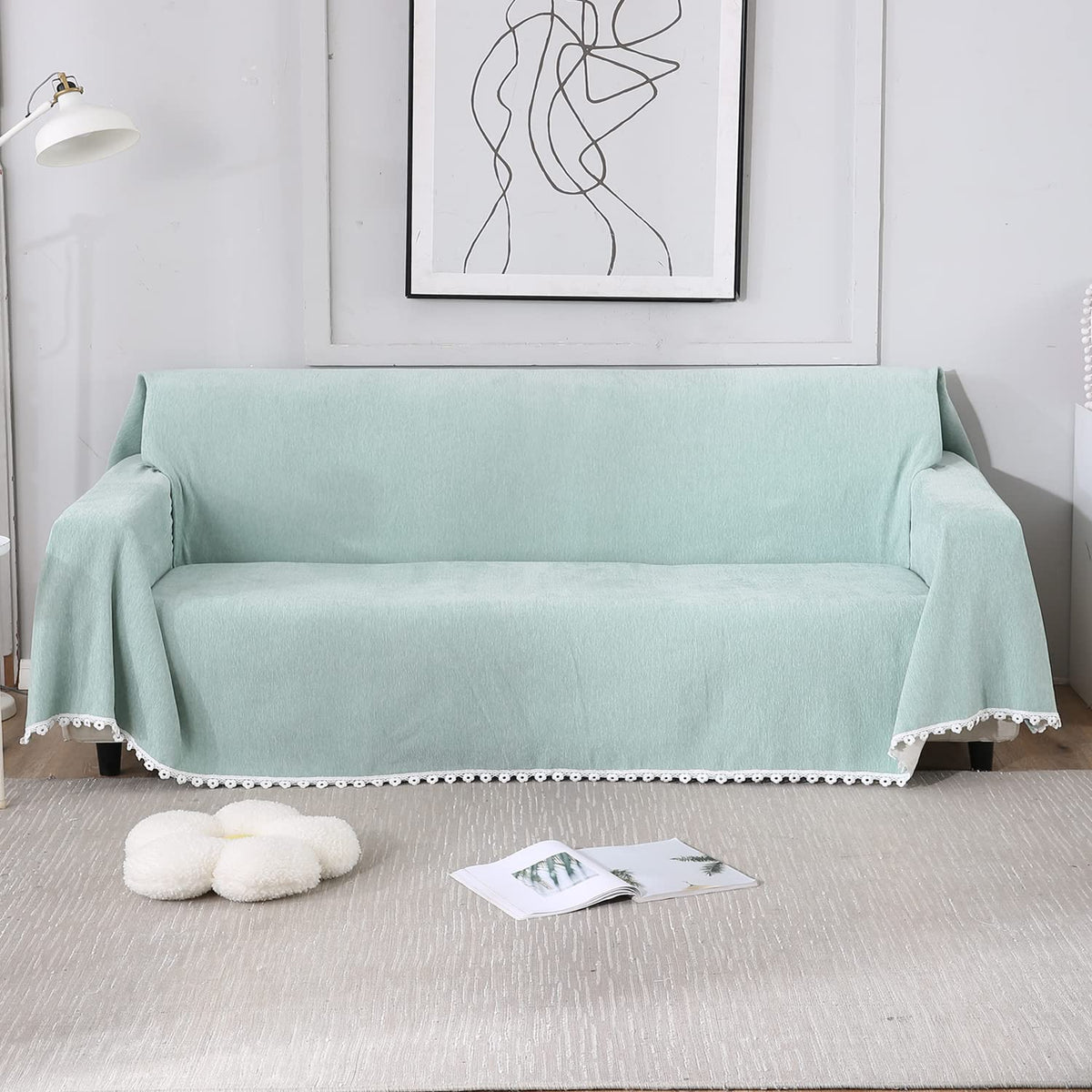 Mint colour chenille 3 seater sofa throw of size 180(D)x300(L)
