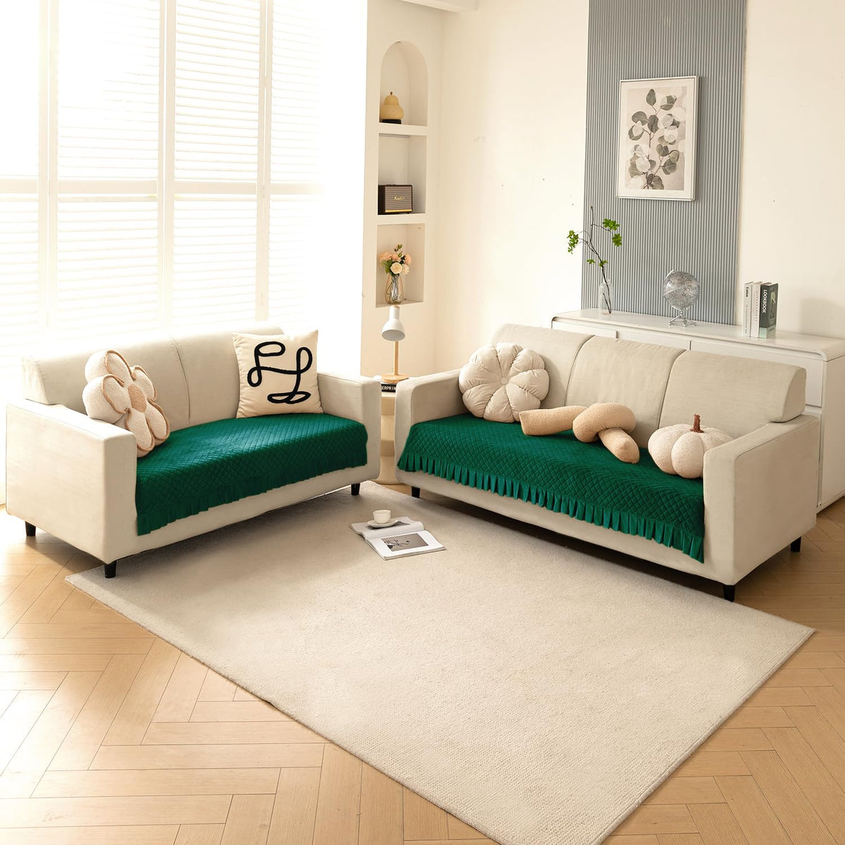 Holland Velvet Sofa Cover Seat Mat with Frill for 1/2/3 - Seater, Bottle Green