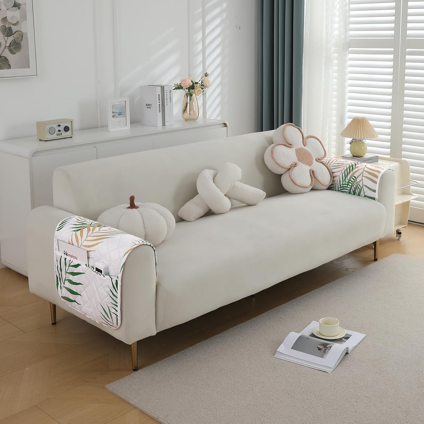 Quilted, Waterproof and Anti-Slip Sofa Cover Mat, Palm Leaves Forest Green