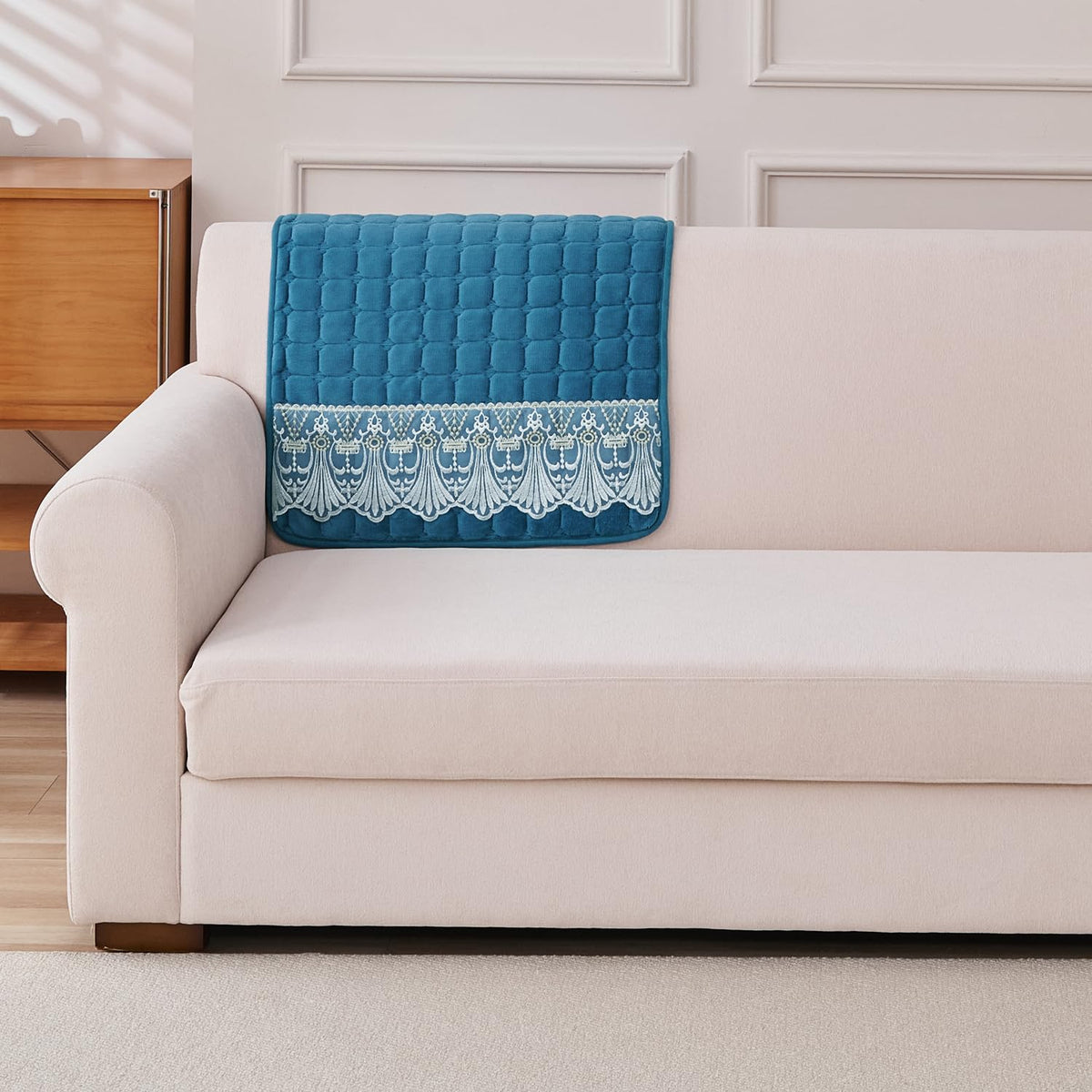 BelleLace Series Imperial Milk Velvet Sofa Cover Mat with Lace Design - Celdaon Blue