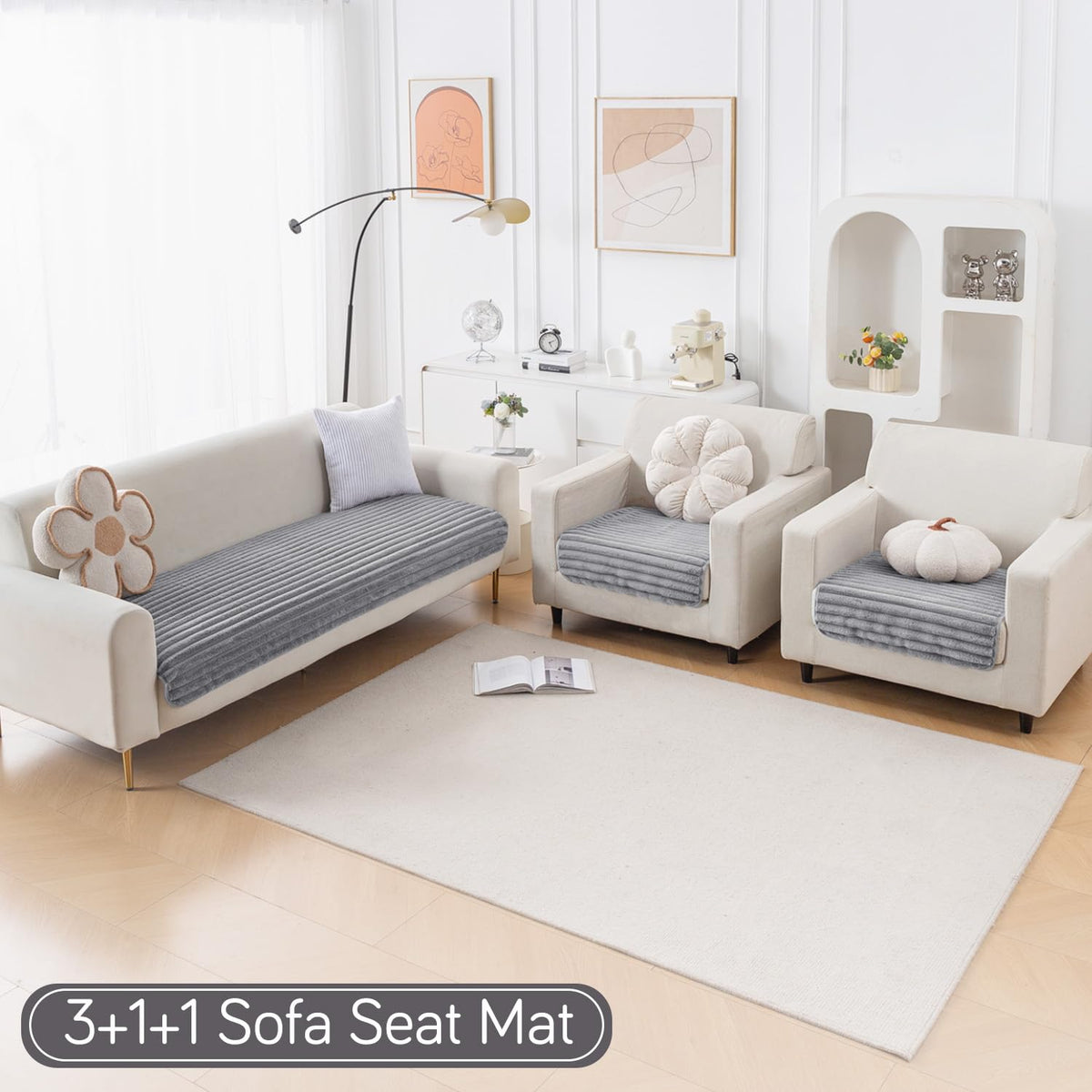 Faux Rabbit Fur Sofa Cover Combination Set, 'Snuggle Fur Series' Grey