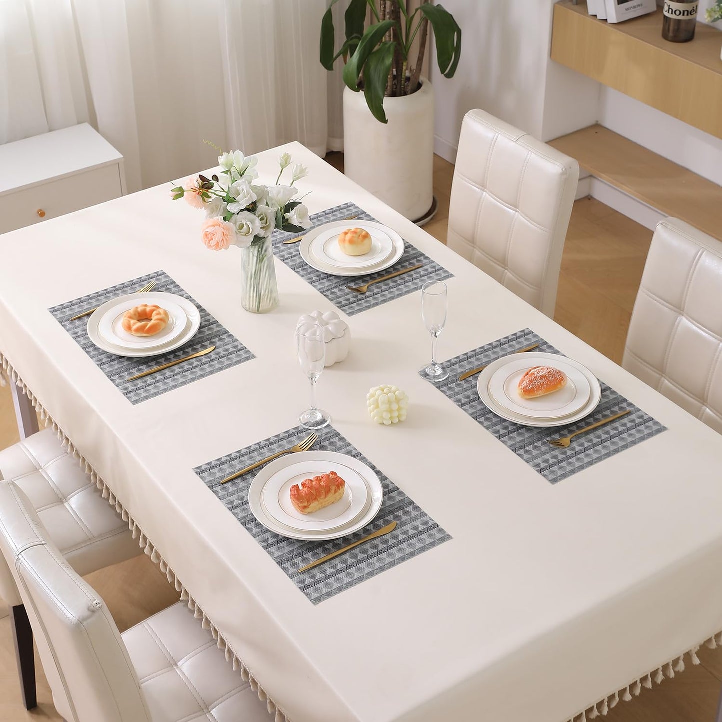 HOKIPO PVC Dining Table Mats and Runner Set of 4/6, Cool Grey Rhombus