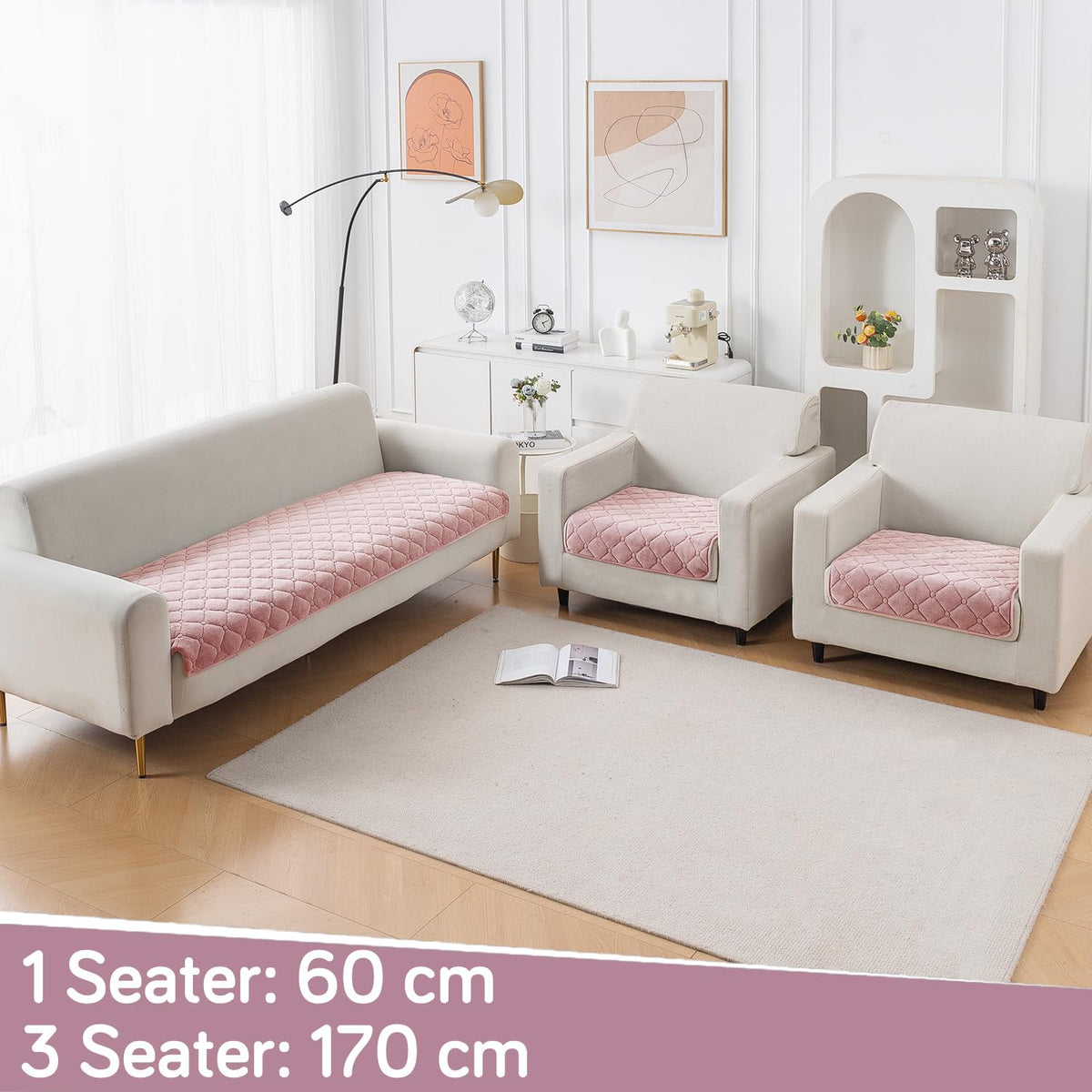 Diamond Tuft Quilted 5-Seater Sofa Mat (3+1+1), Anti-Slip, Blush Pink