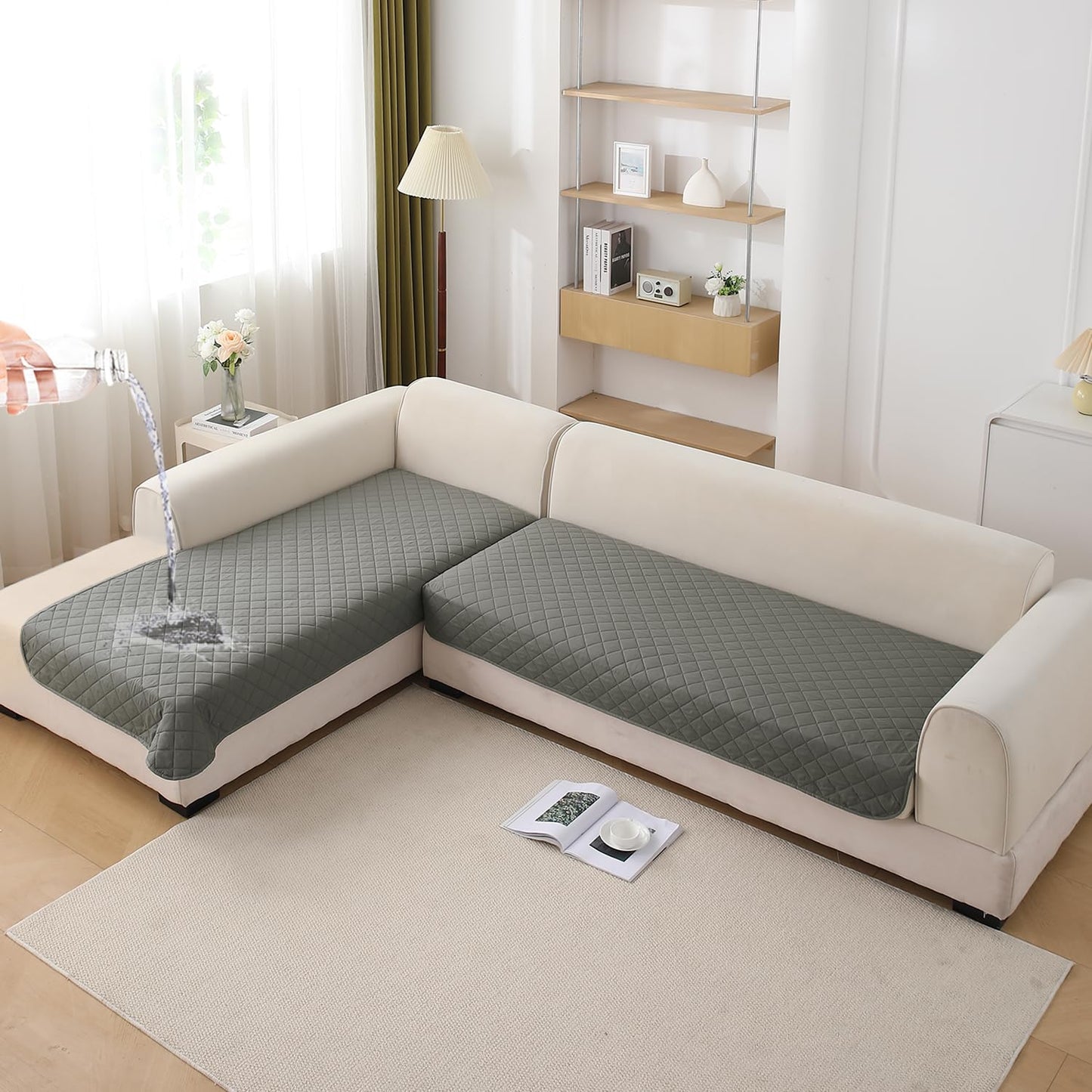HOKIPO Waterproof Quilted Quick Dry L Shape Sofa Seat Cover Mat, Light Grey