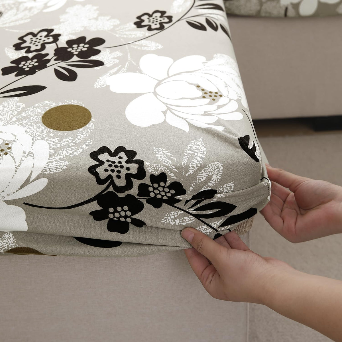 140 GSM Stretchable Printed Elastic Sofa Cushion Seat Cover for 1 /2 /3 Seaters / Pieces for Sofa, Feather Brown Floral