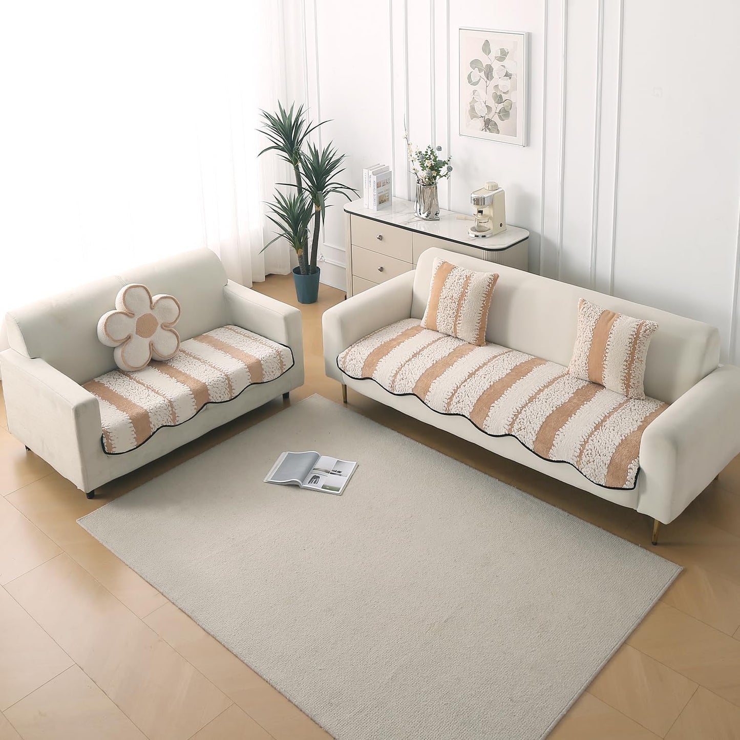 Luxury Wavy Anti Slip Plush Sofa Cover Mat, Desert Brown