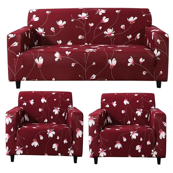 Elastic Stretchable Printed Sofa Cover, Wine Red Flowers