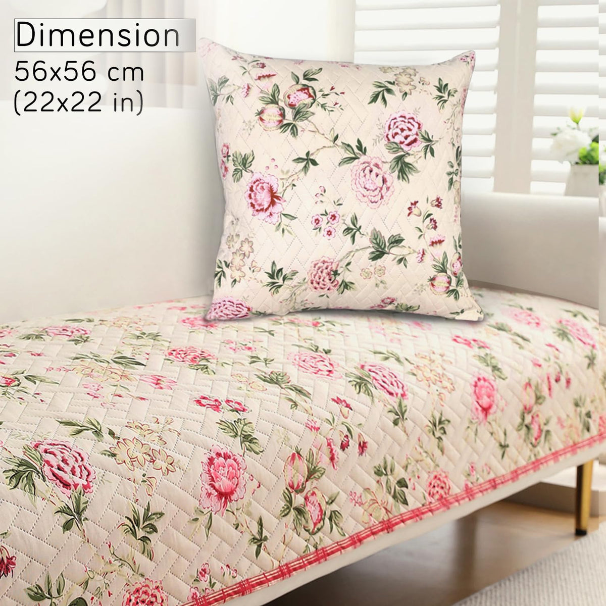 Quilted Printed Sofa Cover with Pockets, Beige Peonies