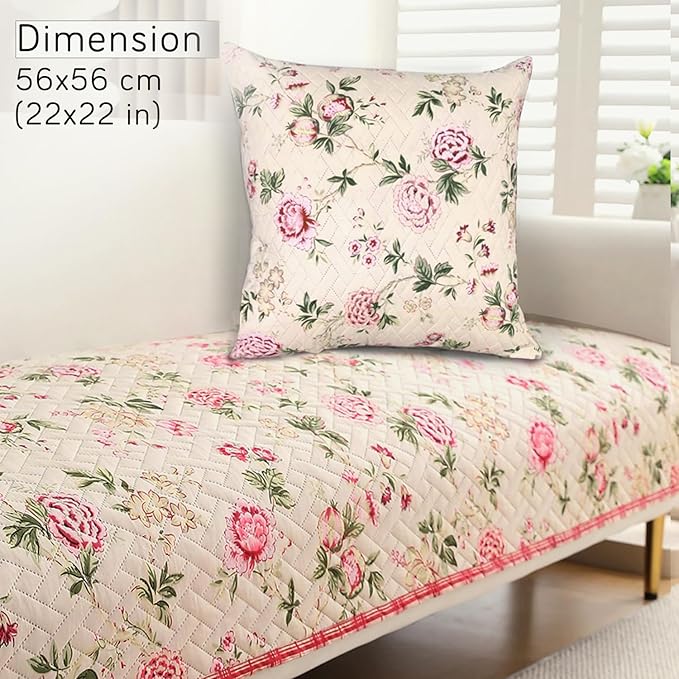 HOKIPO Quilted Sofa Cover Seat Mat for 1/2/3 Seater and Cushion Cover, Beige Peonies