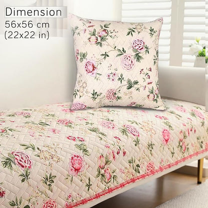 HOKIPO Quilted Sofa Cover Seat Mat for 1/2/3 Seater and Cushion Cover, Beige Peonies