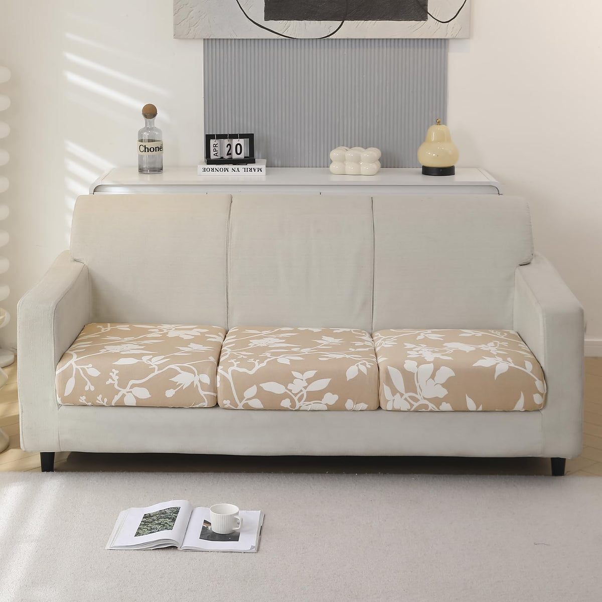 140 GSM Stretchable Printed Elastic Sofa Cushion Seat Cover for 1 /2 /3 Seaters / Pieces for Sofa, Buff Brown Sillehoute Floral